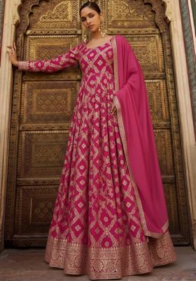 Hot Pink Silk Anarkali With Dupatta