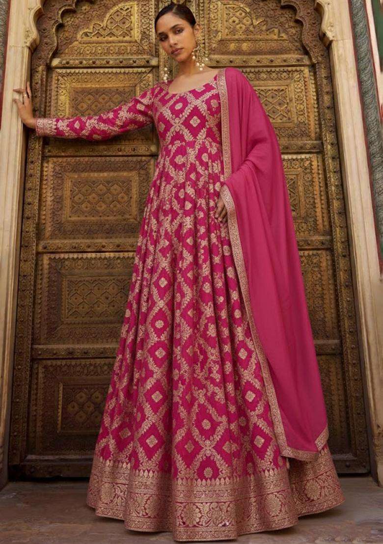 Hot Pink Silk Anarkali With Dupatta - Indya