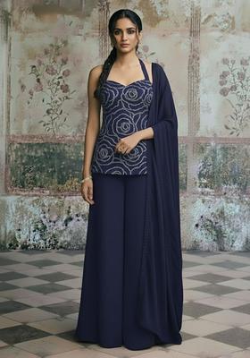 Navy Blue Sequin Shimmer Sharara Set