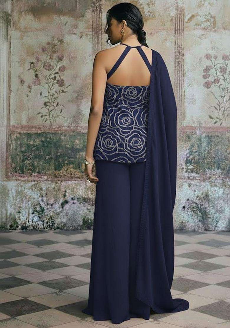Navy Blue Sequin Shimmer Sharara Set - Indya