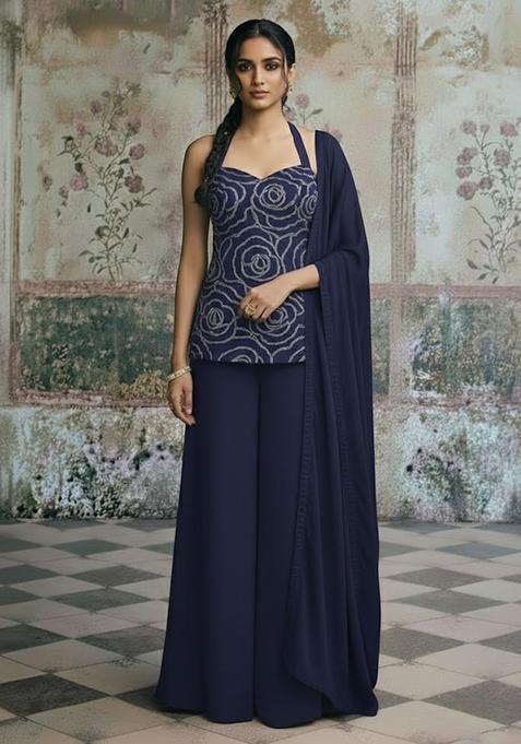 Navy Blue Sequin Shimmer Sharara Set