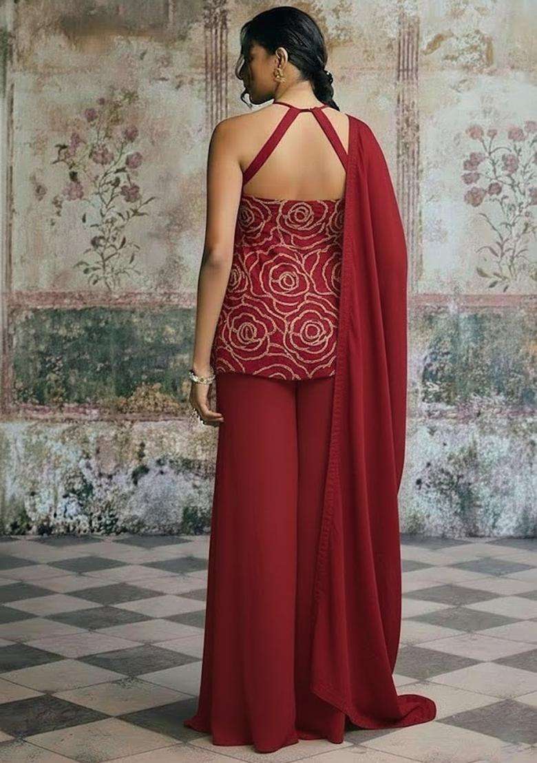 Red Sequin Shimmer Sharara Set - Indya
