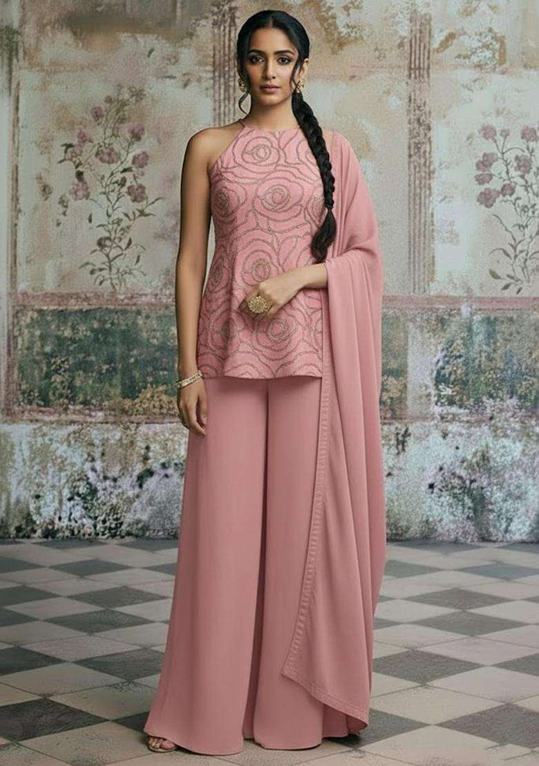 Rose Pink Sequin Shimmer Sharara Set - Indya