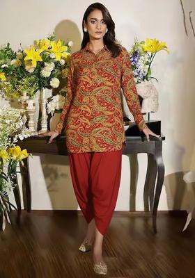 Rust Embroidered Crepe Kurta Set