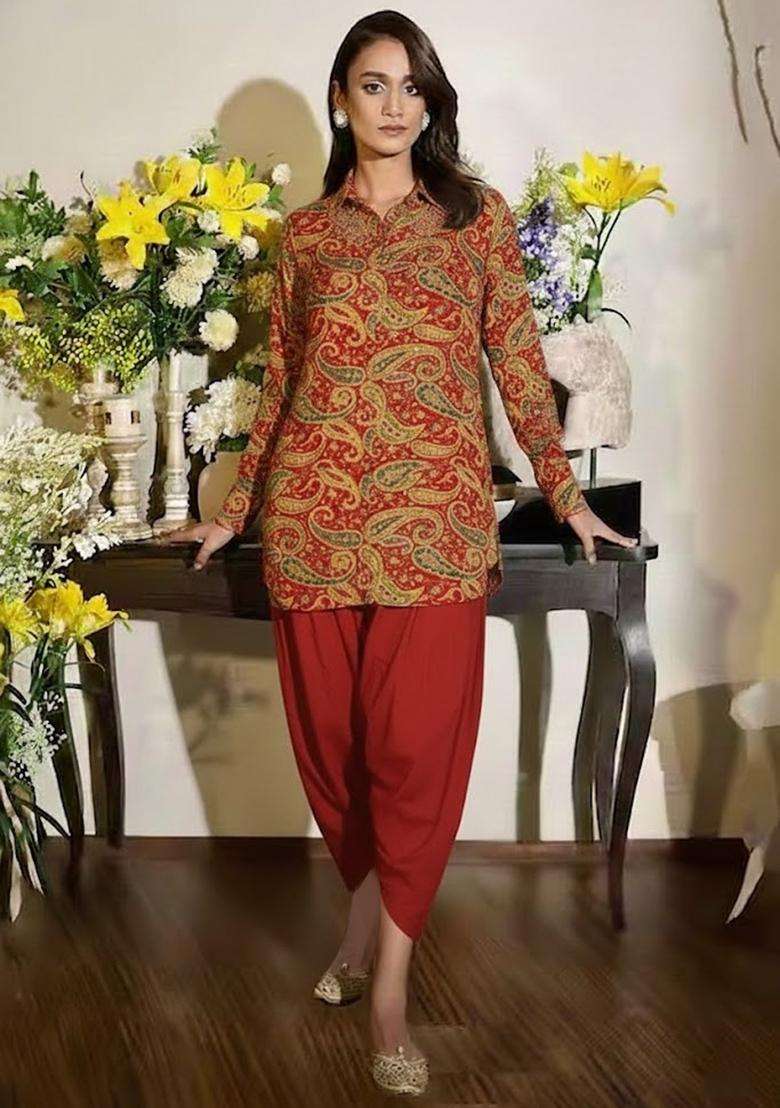 Rust Embroidered Crepe Kurta Set - Indya