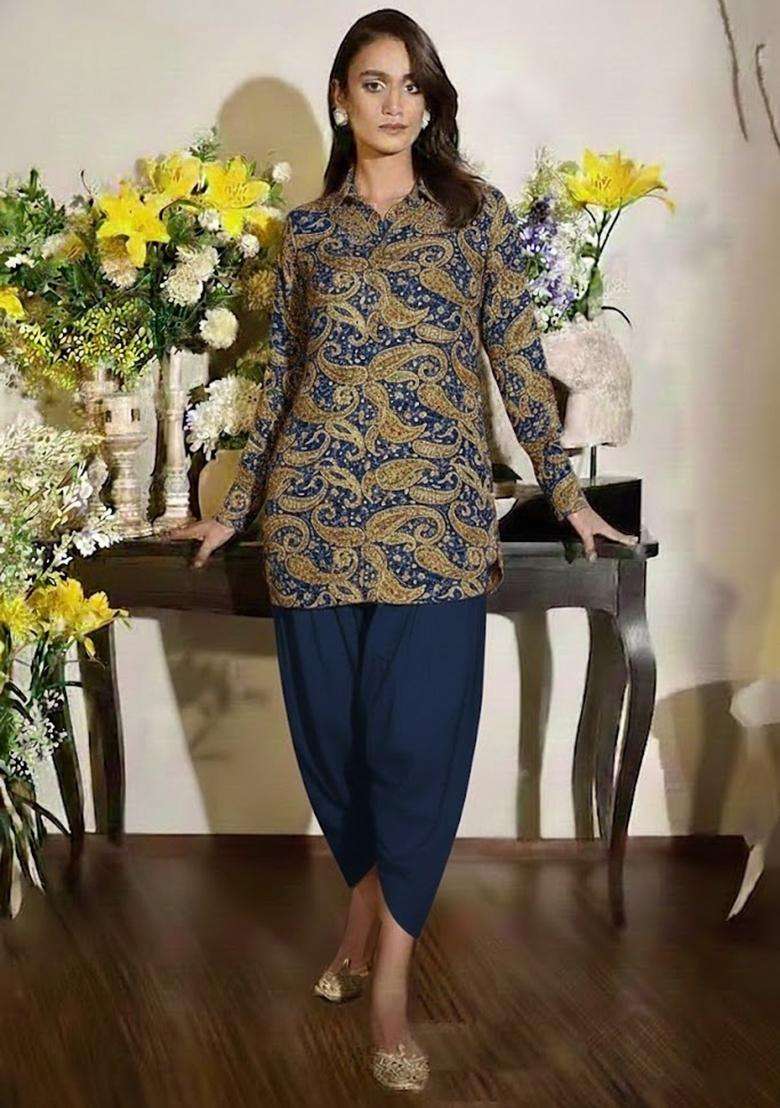 Navy Blue Embroidered Crepe Kurta Set - Indya