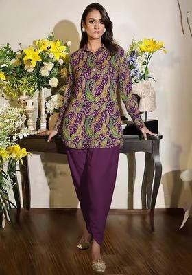 Purple Embroidered Crepe Kurta Set