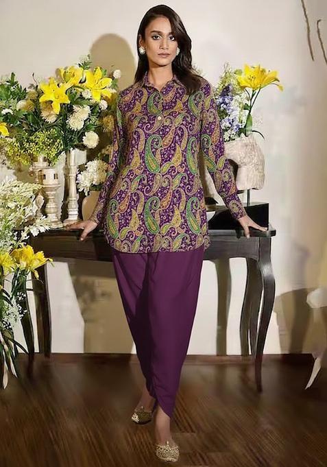 Purple Embroidered Crepe Kurta Set