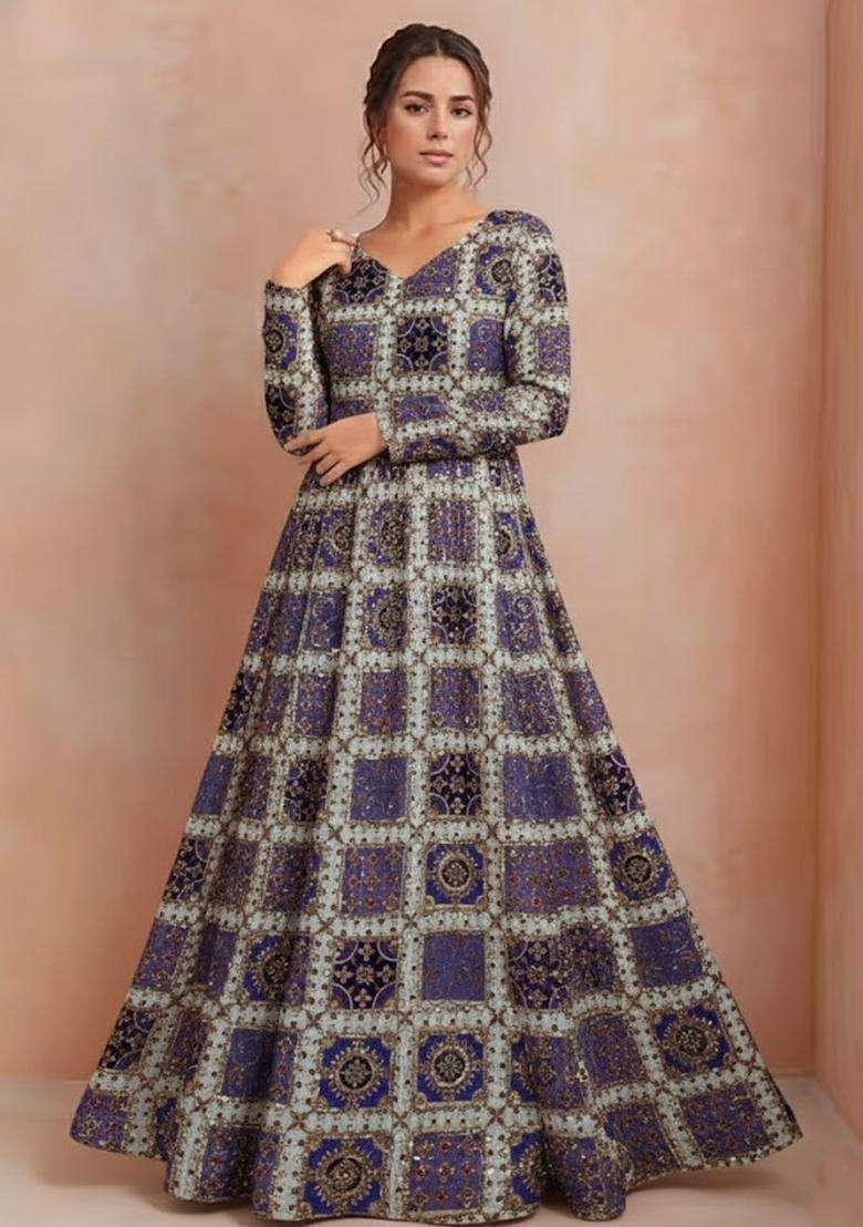 Navy Blue Printed Crepe Anarkali - Indya