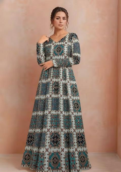 Seafoam Green Sequin Crepe Anarkali