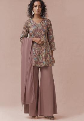 Mauve Embroidered Crepe Sharara Set