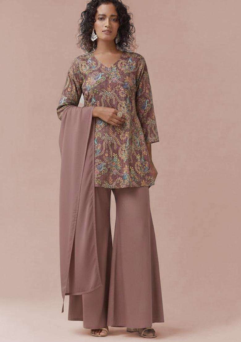 Mauve Embroidered Crepe Sharara Set - Indya