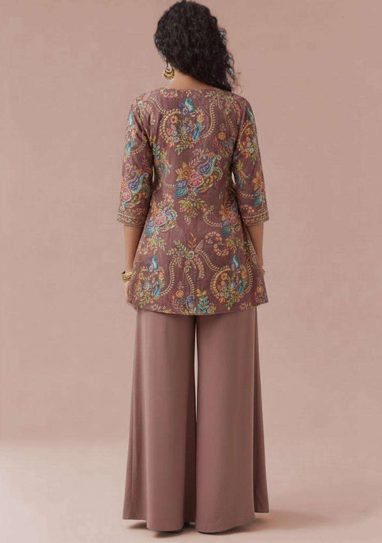 Mauve Embroidered Crepe Sharara Set - Indya
