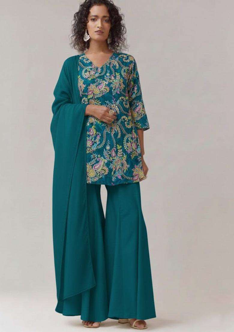 Teal Embroidered Crepe Sharara Set - Indya