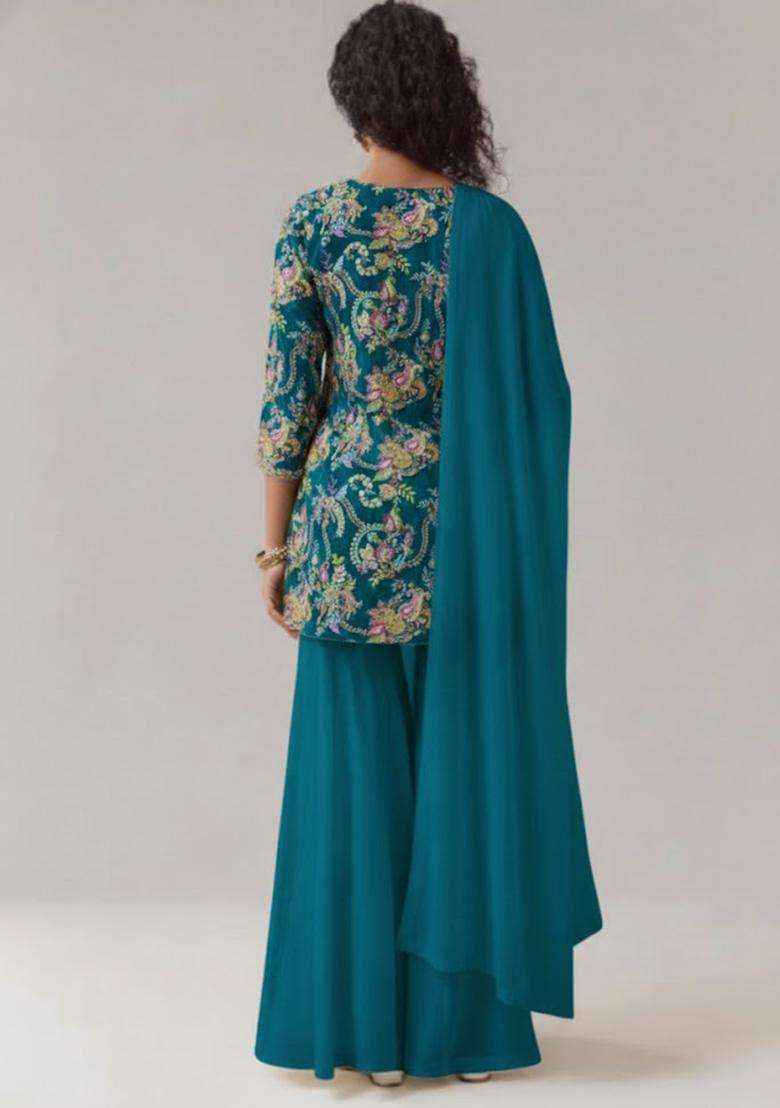 Teal Embroidered Crepe Sharara Set - Indya