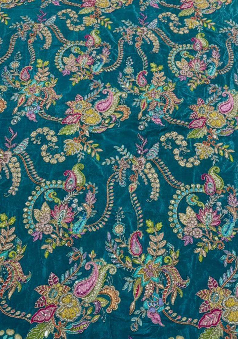 Teal Embroidered Crepe Sharara Set - Indya