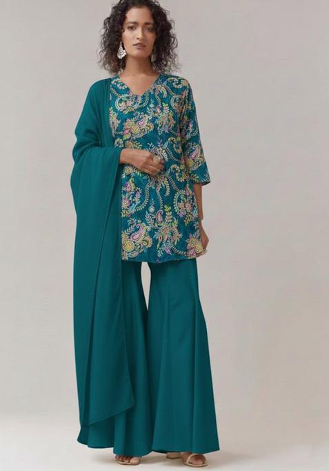 Teal Embroidered Crepe Sharara Set