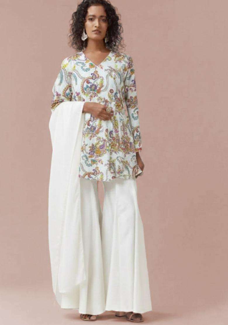 White Embroidered Crepe Sharara Set - Indya