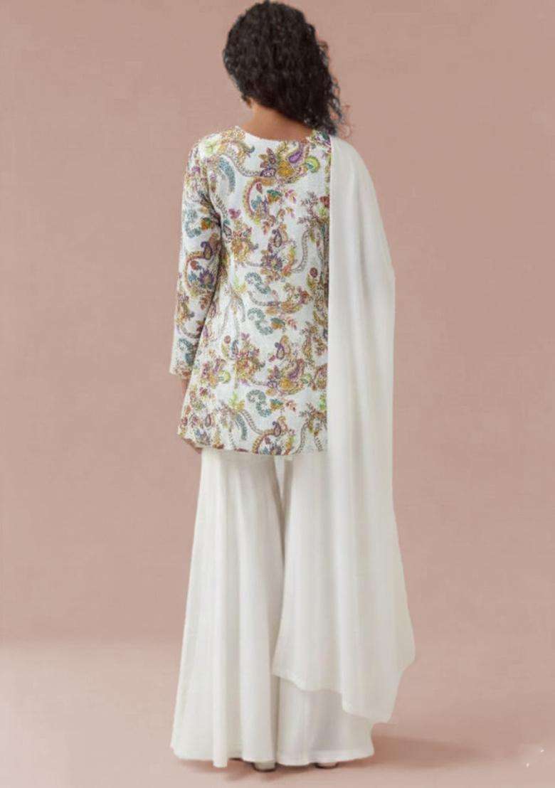 White Embroidered Crepe Sharara Set - Indya