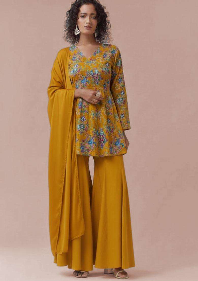 Yellow Embroidered Crepe Sharara Set - Indya