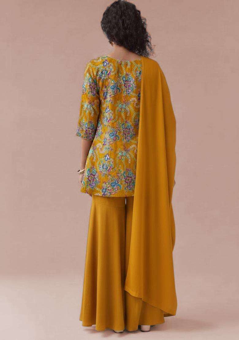 Yellow Embroidered Crepe Sharara Set - Indya