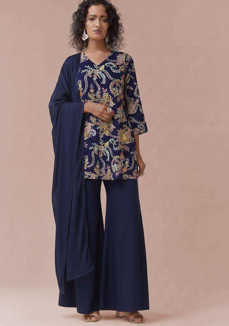 Purple Embroidered Crepe Sharara Set - Indya