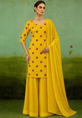 Mustard Printed Satin Kurta Set