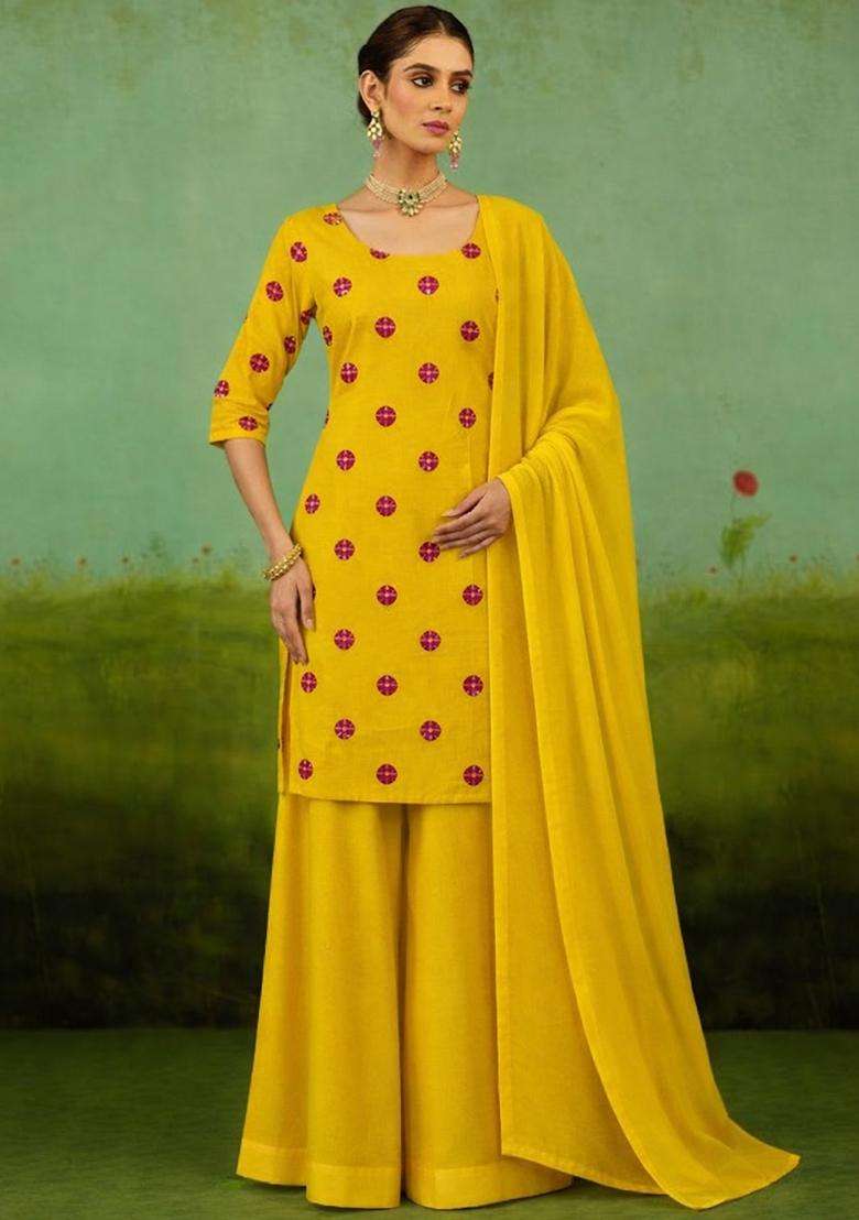 Mustard Printed Satin Kurta Set - Indya
