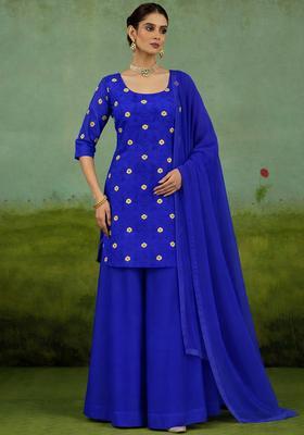 Royal Blue Printed Satin Kurta Set