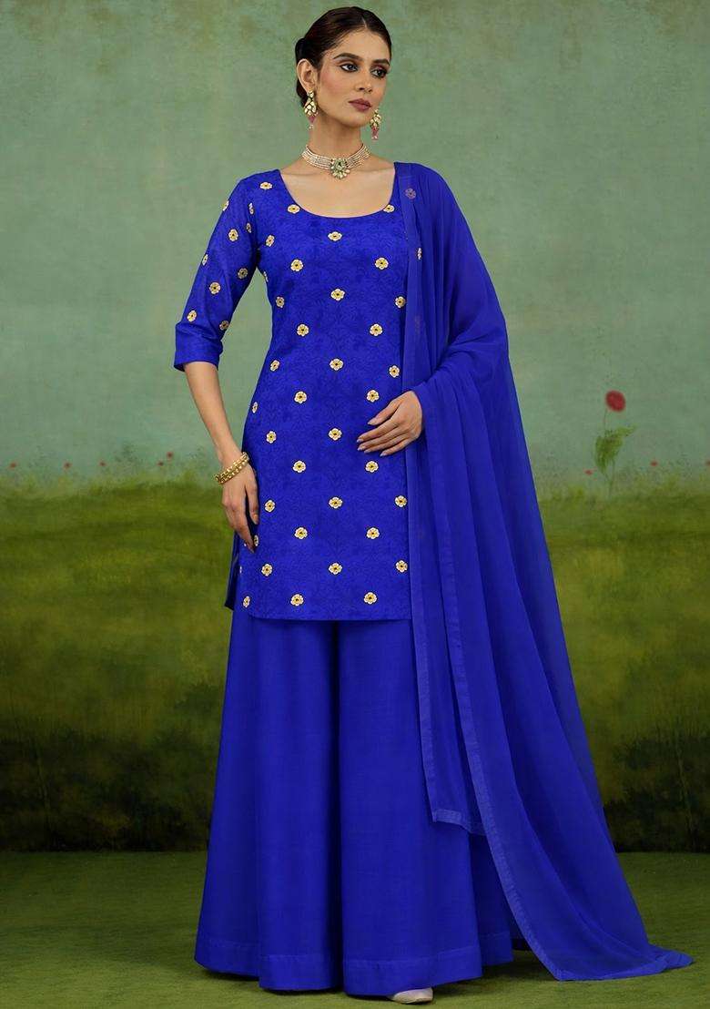 Royal Blue Printed Satin Kurta Set - Indya