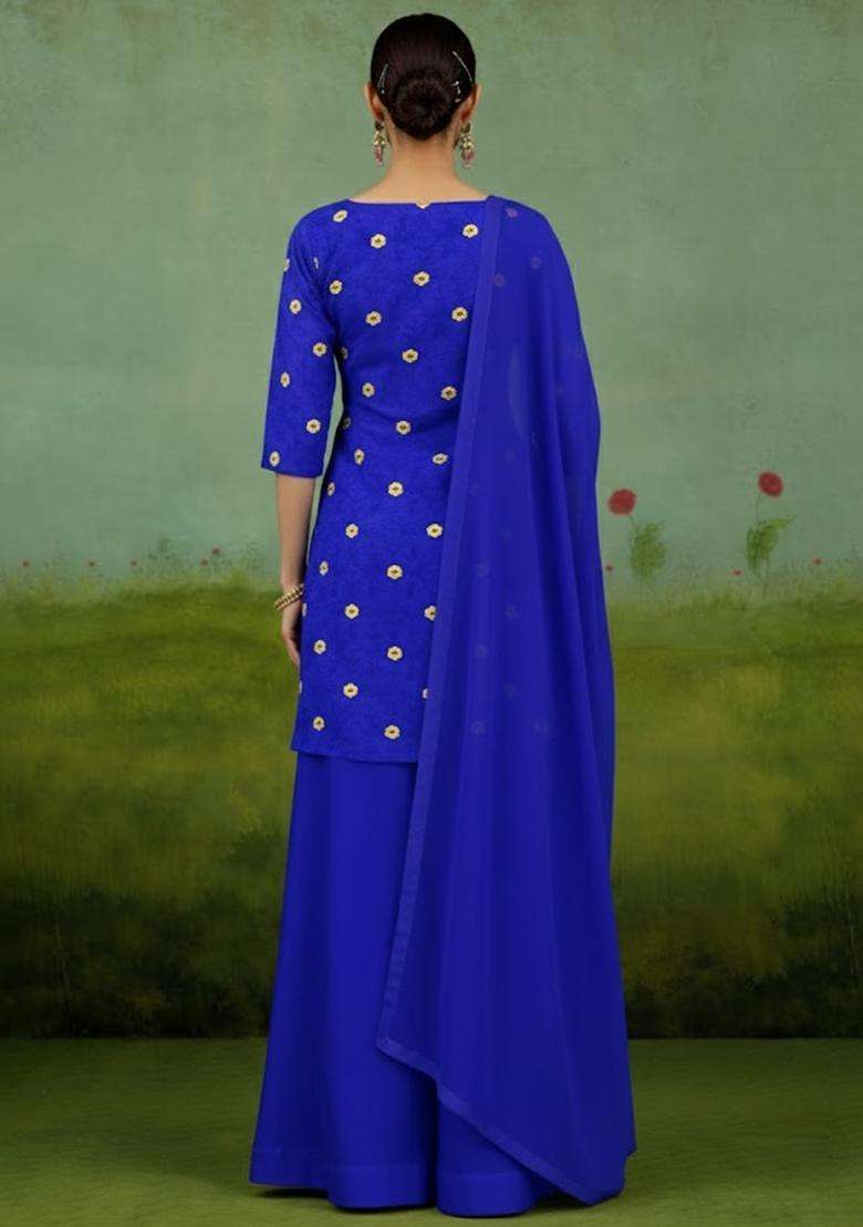 Royal Blue Printed Satin Kurta Set - Indya