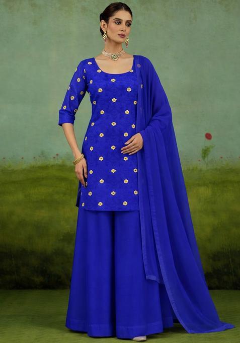 Royal Blue Printed Satin Kurta Set