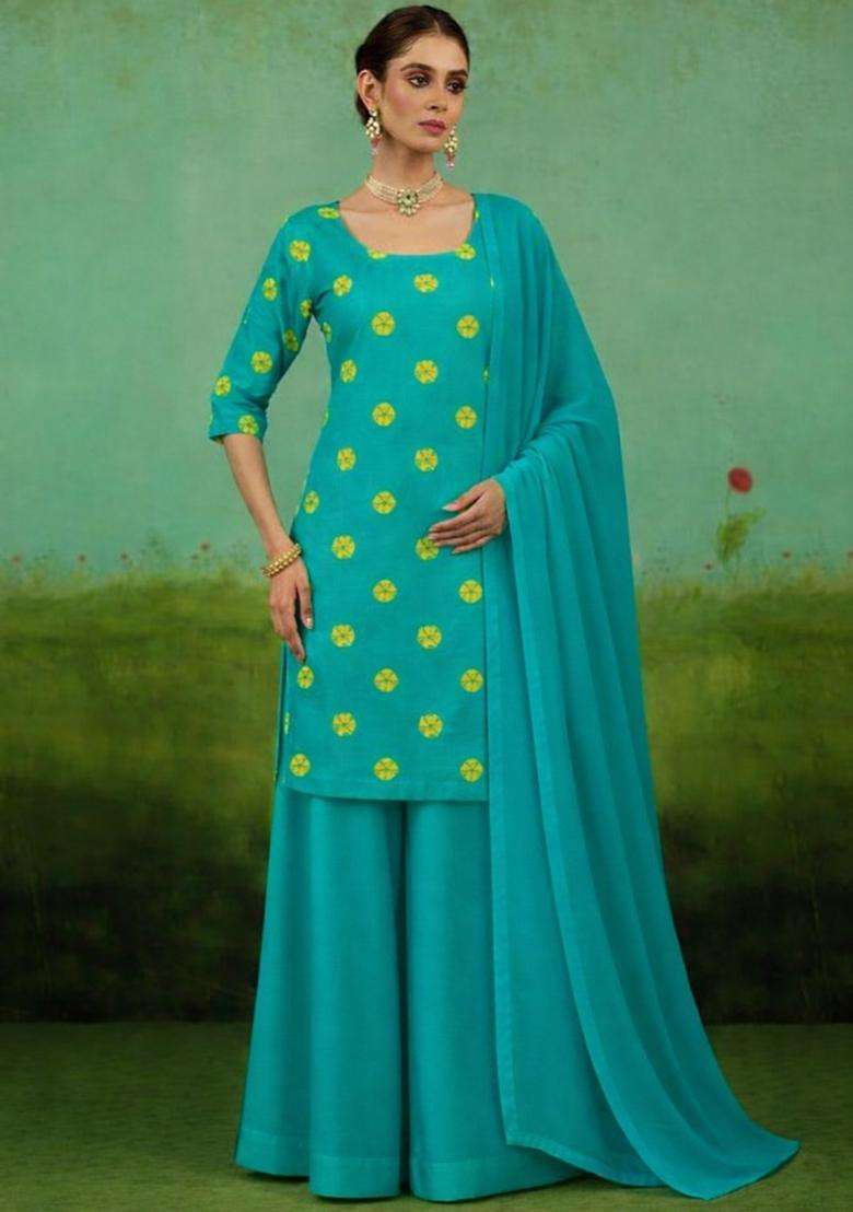 Blue Printed Satin Kurta Set - Indya