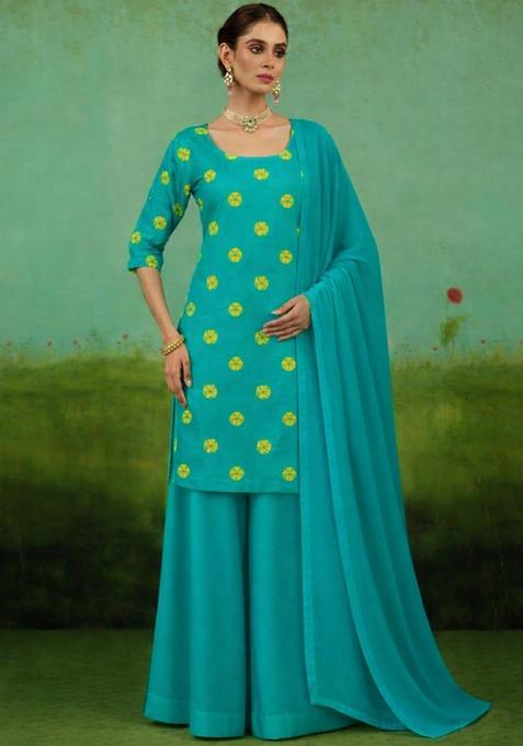 Blue Printed Satin Kurta Set