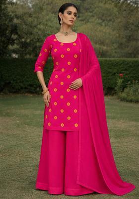 Hot Pink Printed Satin Kurta Set