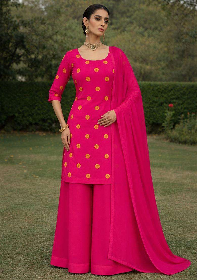 Hot Pink Printed Satin Kurta Set - Indya