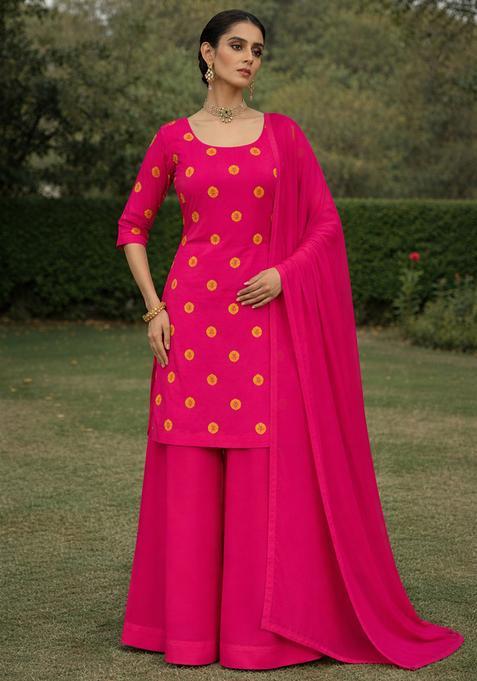 Hot Pink Printed Satin Kurta Set