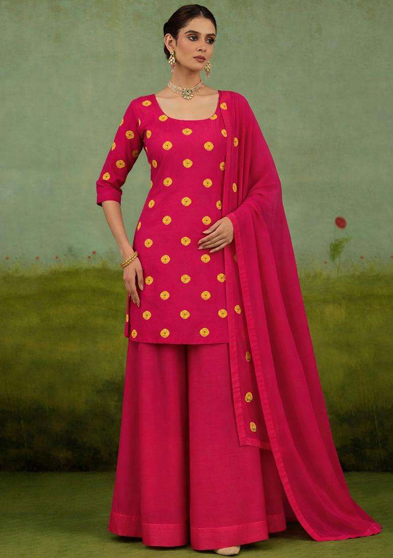 Pink Printed Satin Kurta Set - Indya