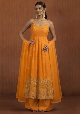 Mustard Printed Crepe Anarkali Set