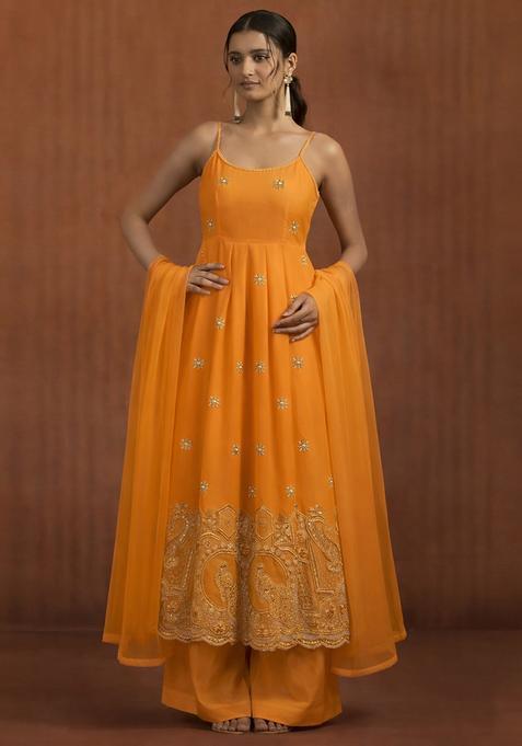 Mustard Printed Crepe Anarkali Set