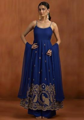 Blue Printed Crepe Anarkali Set