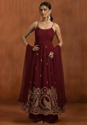 Maroon Printed Crepe Anarkali Set