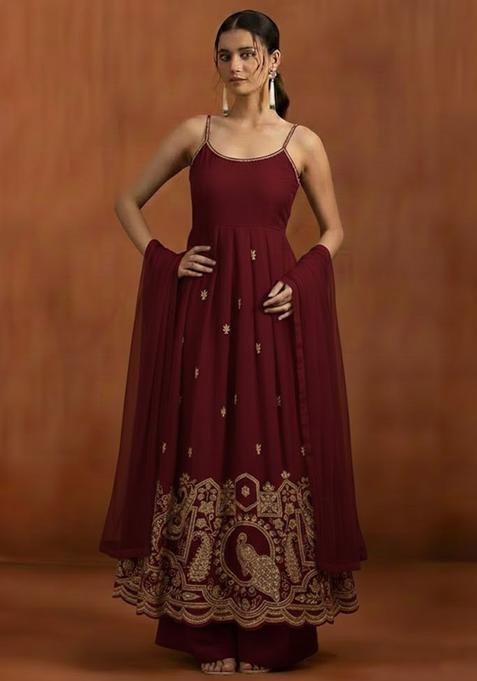Maroon Printed Crepe Anarkali Set
