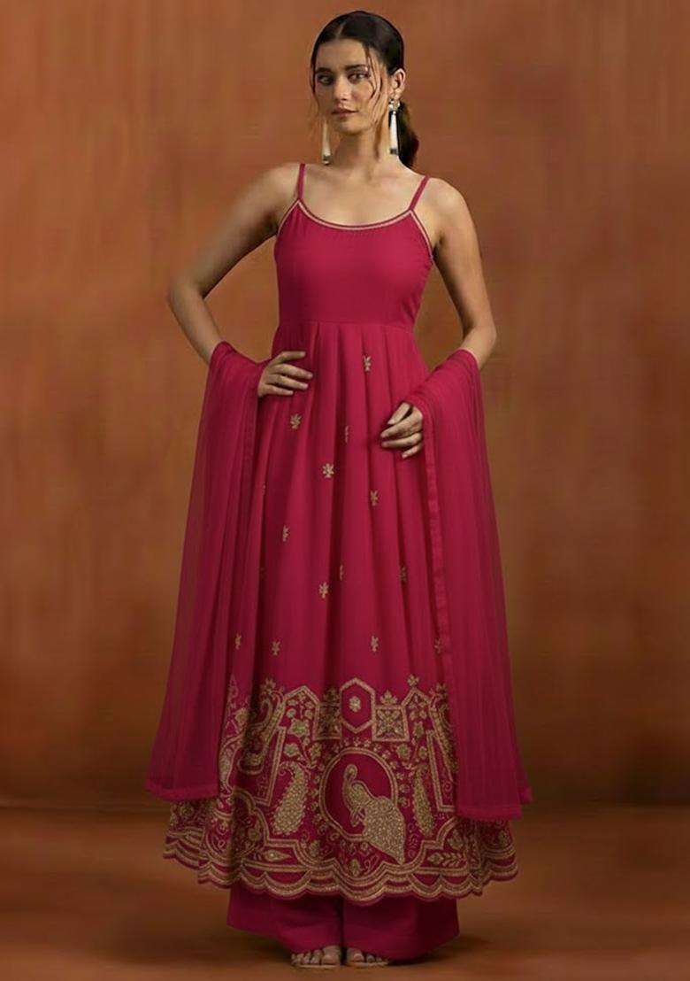 Pink Printed Crepe Anarkali Set - Indya