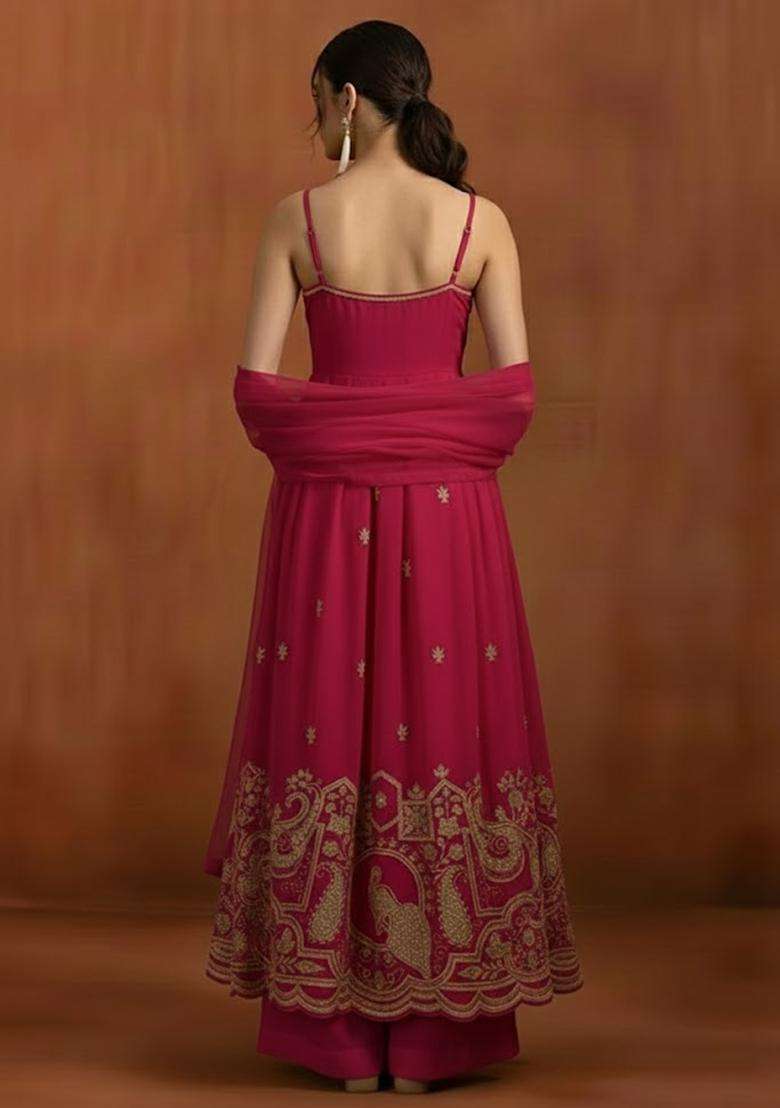 Pink Printed Crepe Anarkali Set - Indya