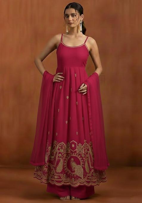 Pink Printed Crepe Anarkali Set