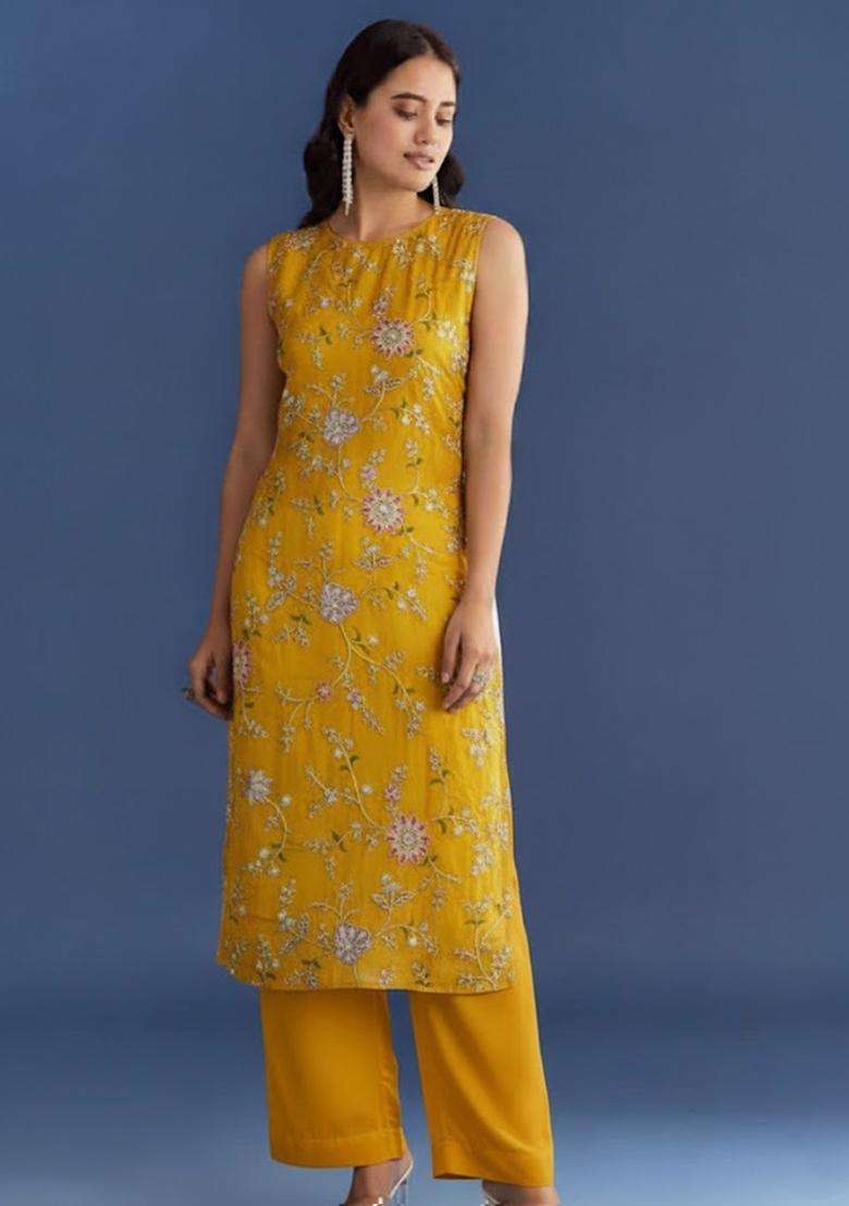 Yellow Embroidered Crepe Kurta Set - Indya