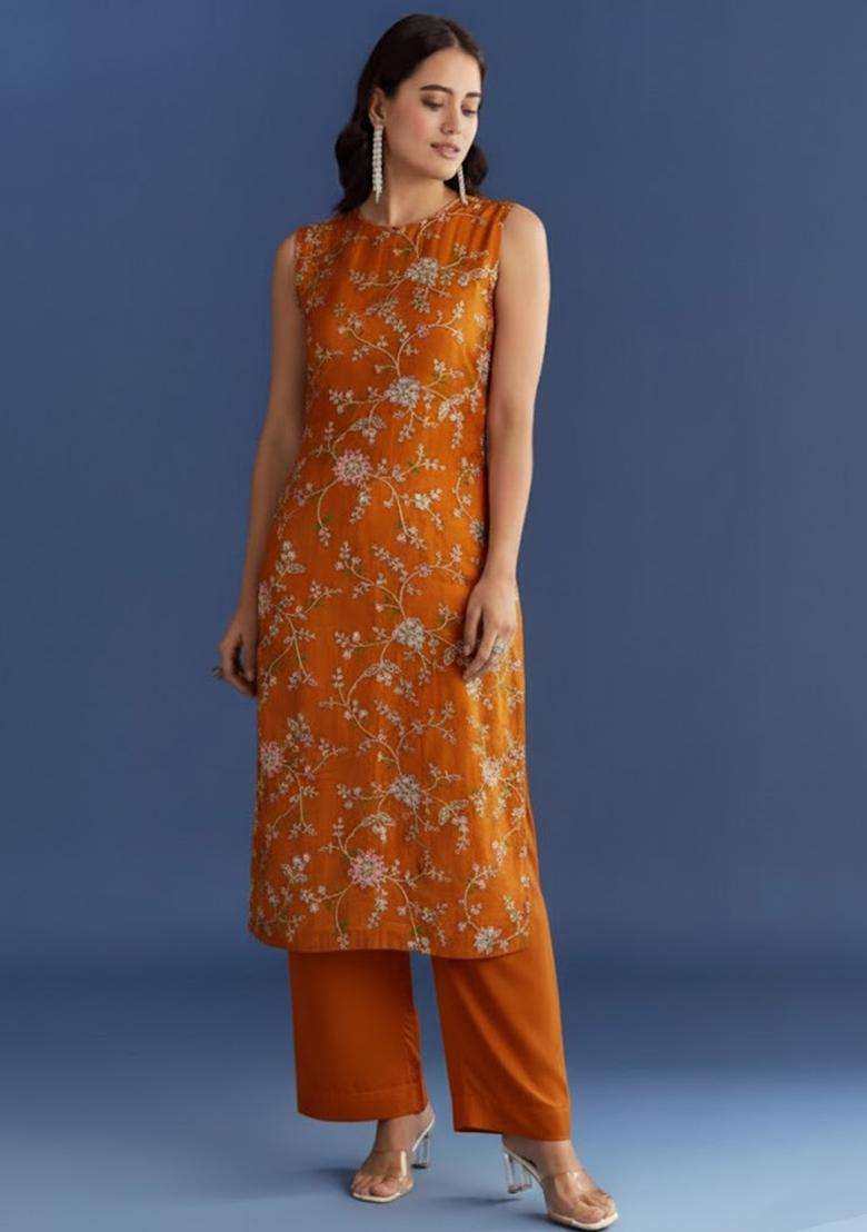 Orange Embroidered Crepe Kurta Set - Indya