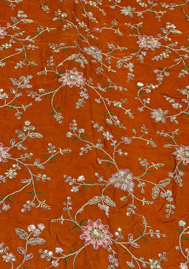 Orange Embroidered Crepe Kurta Set - Indya
