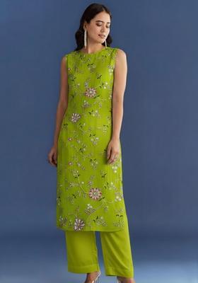 Parrot Green Embroidered Crepe Kurta Set